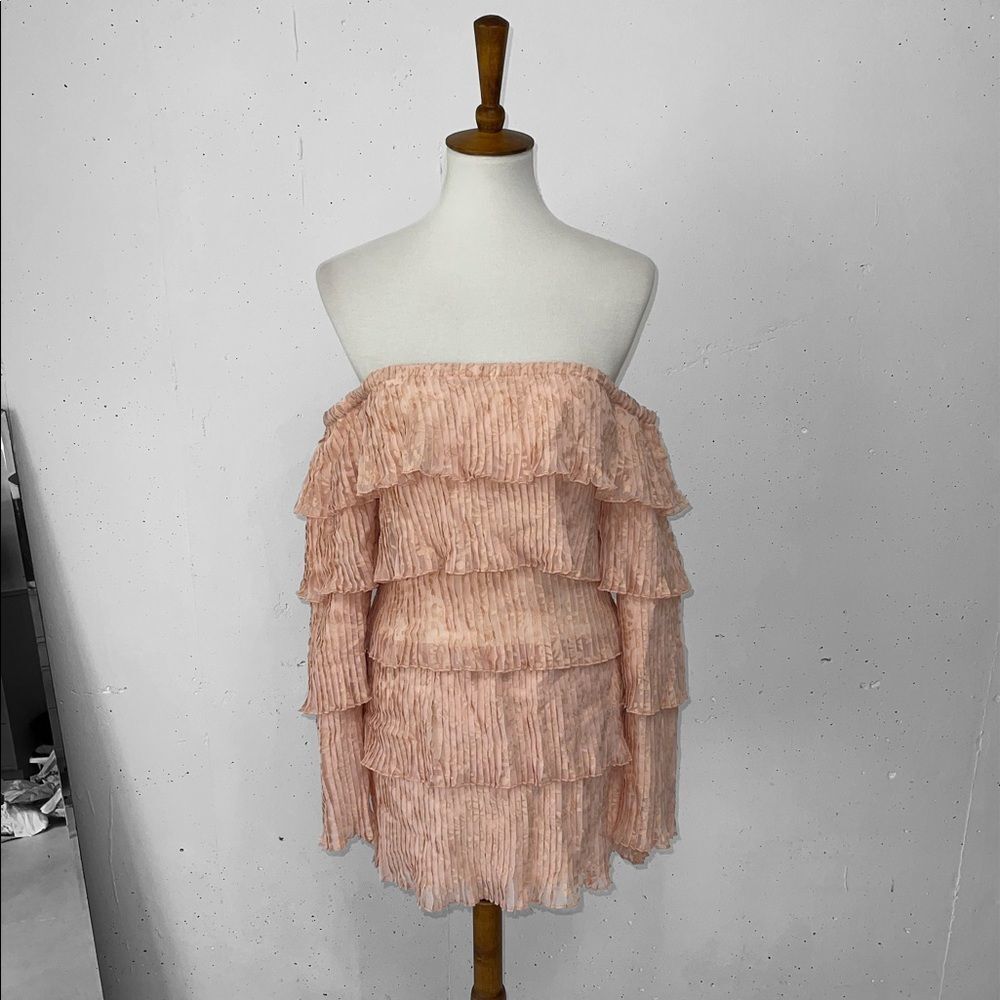 Michael Costello x Revolve off shoulder pink peach ruffle mini dress small